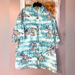 Columbia Button Mens XXL Fishing Blue Marlin Fish Theme Vented Shirt River Lodge